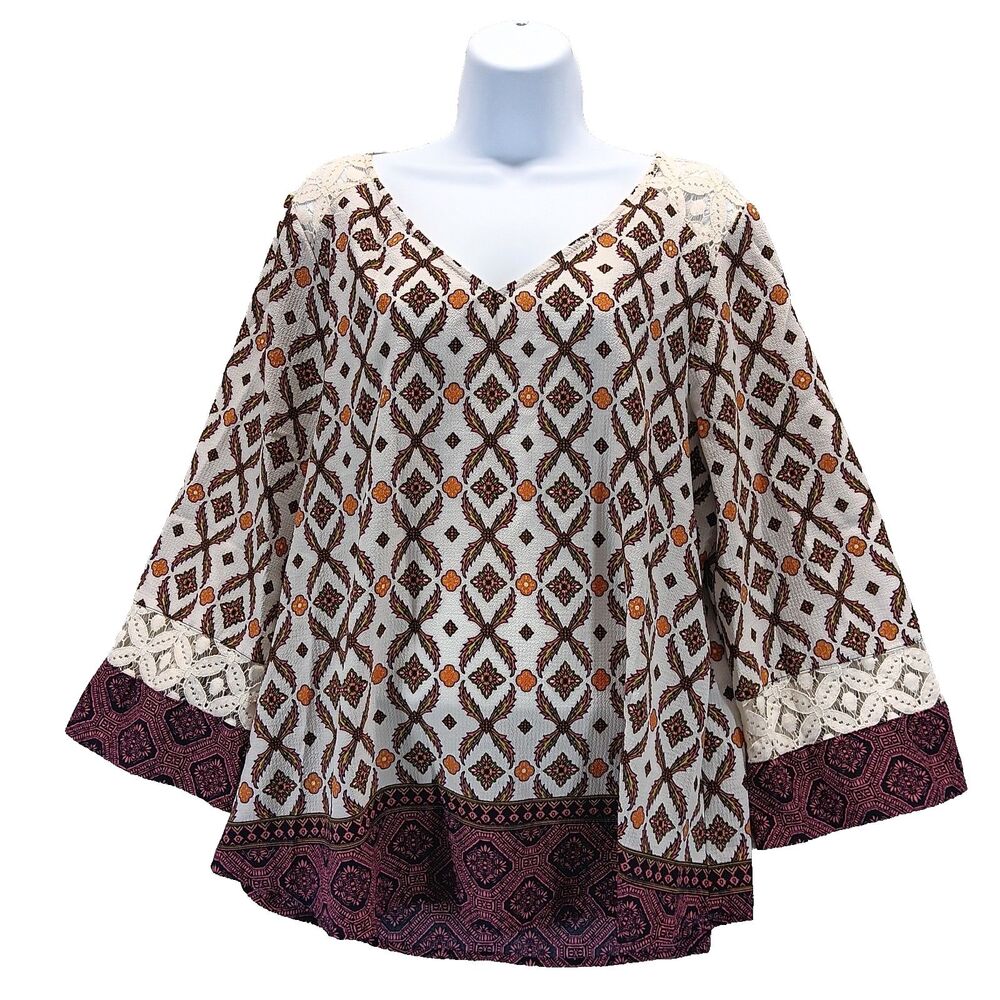 Valerie Stevens Women Sz XL Geometric Multicolor Lace Long Sleeve V-neck Blouse